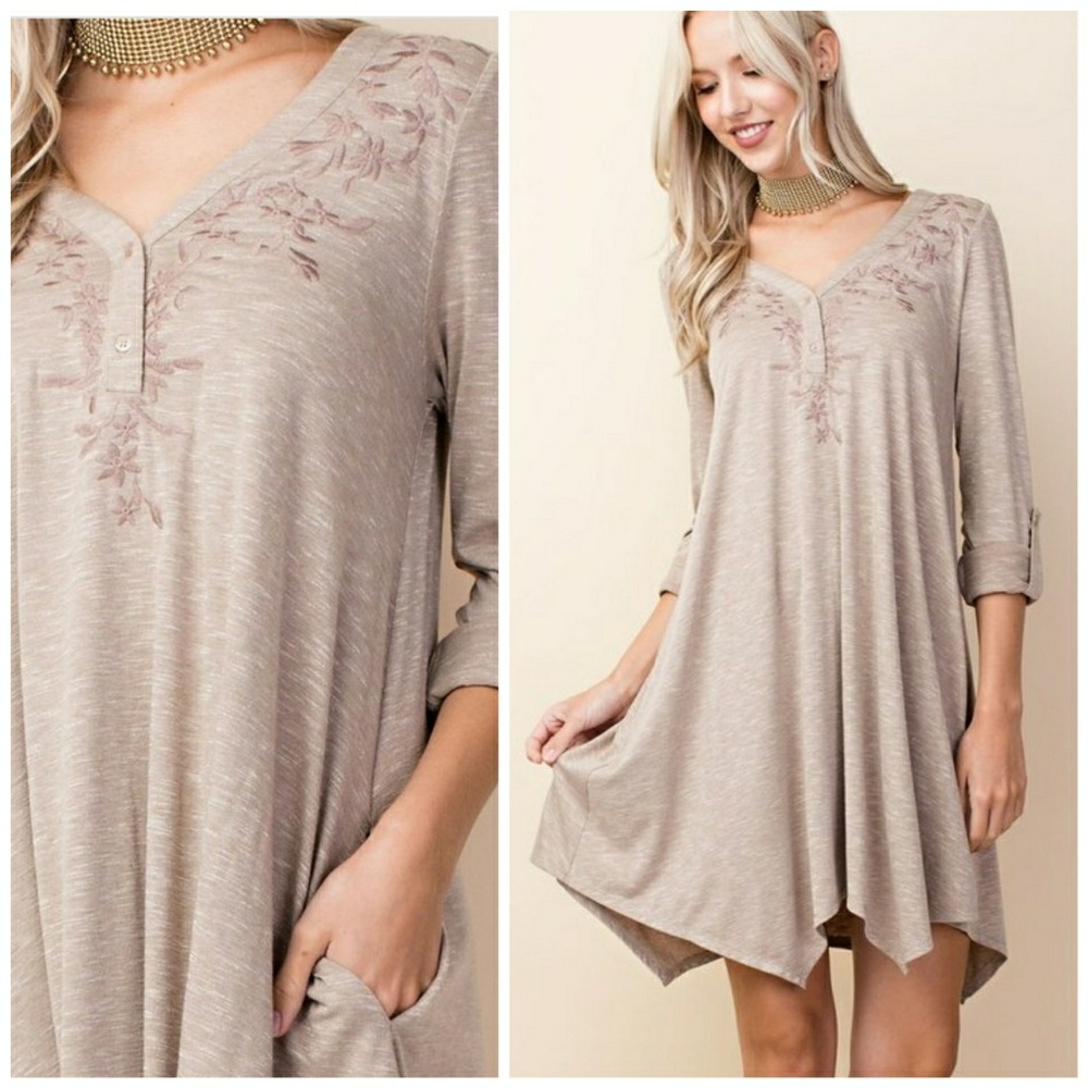 Taupe Embroidered Knit Dress